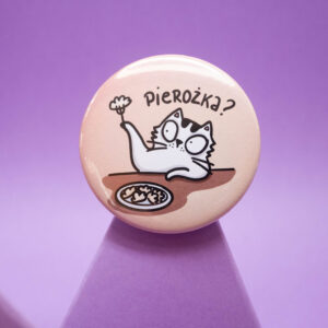 Duża przypinka Pan Kot Szczepan oferuje pierożka